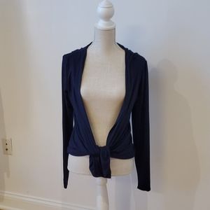 Three Dots Navy Open Front Cardigan With Hood